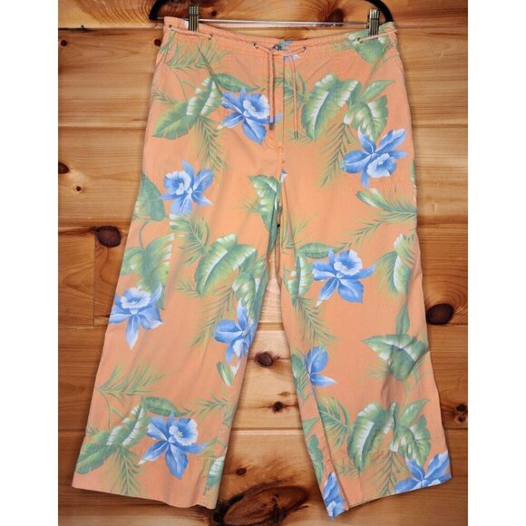Lauren Ralph Lauren Floral Capris Pants 12 Orage Cotton Beach Drawstring 90s - Picture 1 of 16